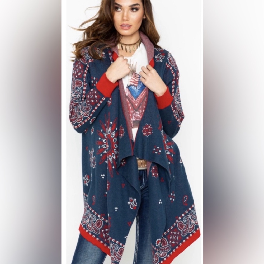 Tasha Polizzi Navy and Crimson Patterned Cardigan